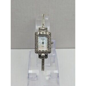Pedre Marcasite Tank Bracelet Watch Quartz New Battery Silver Tone Vintage MOP
